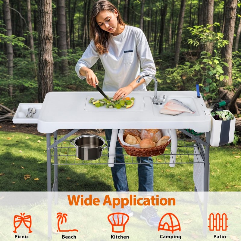 Folding Fish Cleaning Table with Sink - Portable Outdoor Fish Fillet Cutting Station | 42.4" with Drainage Hose & Grid Rack