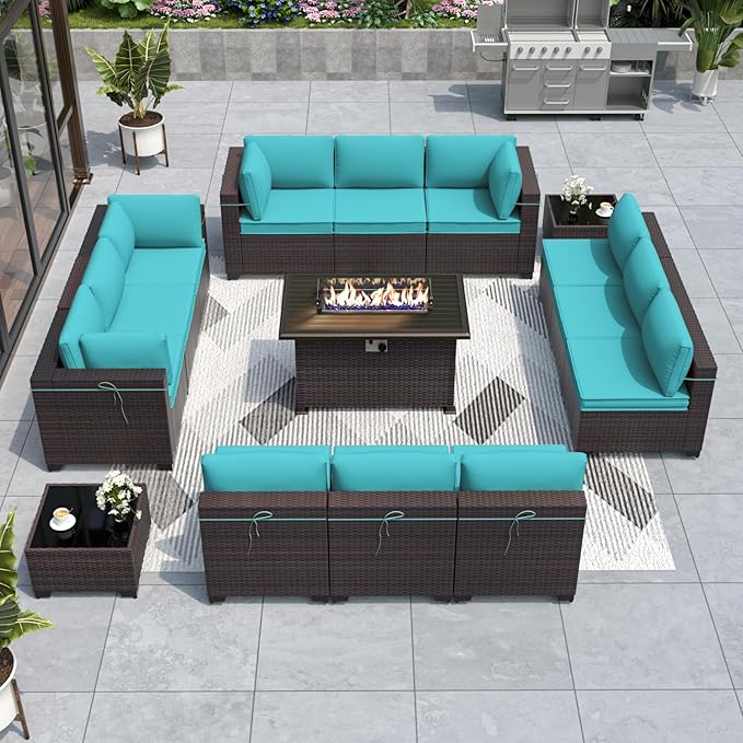 ALAULM 15 Pieces Outdoor Patio Furniture Set with Propane Fire Pit Table Outdoor Sectional Sofa Sets Patio Furniture 43" Gas Fire Pit Brown PE Rattan Patio Conversation Set w/12 Cushions (Blue)
