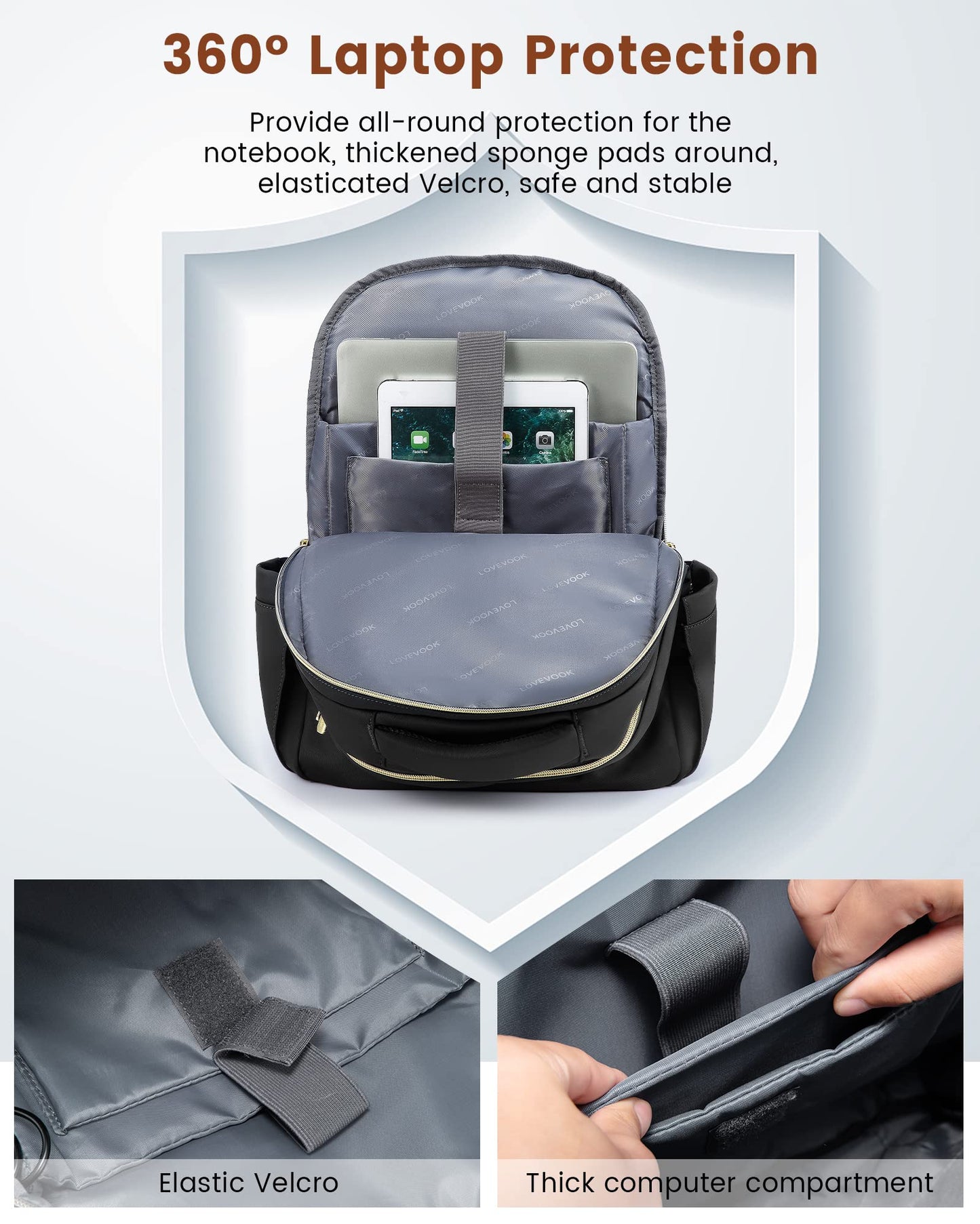 LOVEVOOK Laptop Backpack for Women, Black Business Travel Backpacks with USB Port, Water Resistant Work Teacher Computer Bag, Stylish Daypack, Fits 15.6" Laptop