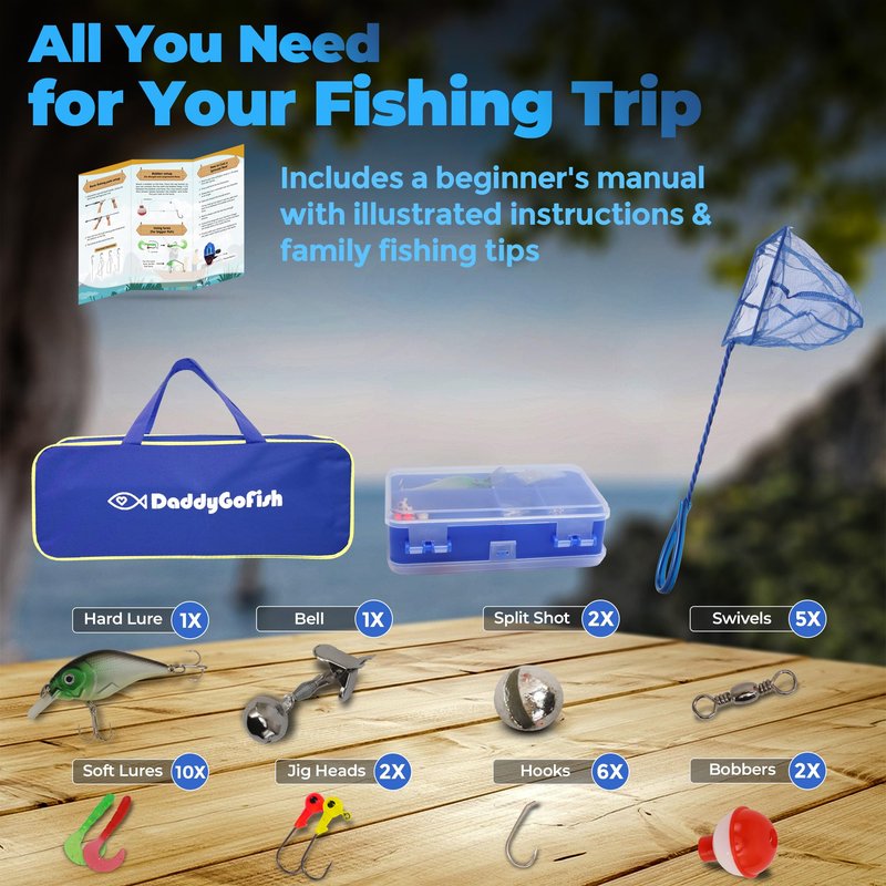 DaddyGoFish Kids Fishing Pole - Rod Reel Combo Tackle Box Starter Set - First Year Small Gear Kit for Boys Girls Toddler Youth Age Beginner Little Children (Essential Set, Blue, 4ft)