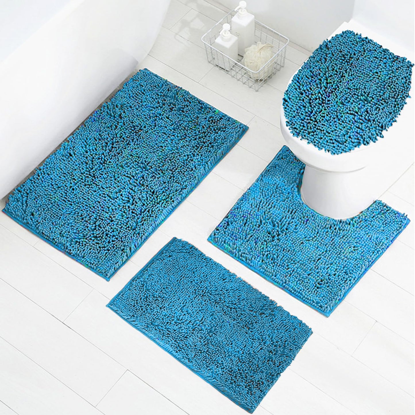 DTXDTech Bathroom Rugs Sets 4 Piece Chenille Bath Mat Sets with Toilet Lid Cover,Water Absorption Bathroom Rug Set with PVC Non-Slip Backing,Machine Washable Bath Rug for Toilet,Bedroom,Lake Blue