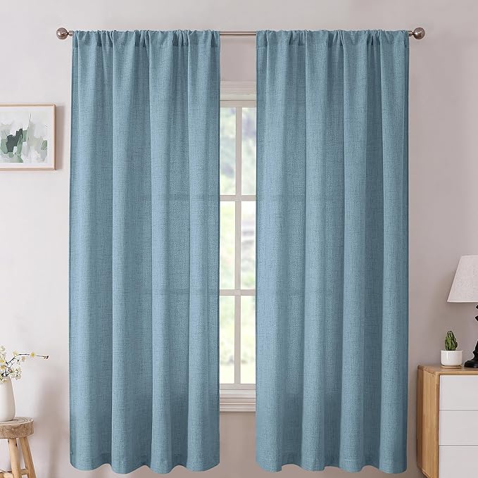Tollpiz Short Linen Curtains Living Room Rod Pocket Semi Sheer Curtain Burlap Light Filtering Thick Linen Drapes for Bedroom, 54 x 54 inches Long, Dusty Blue, Set of 2 Panels