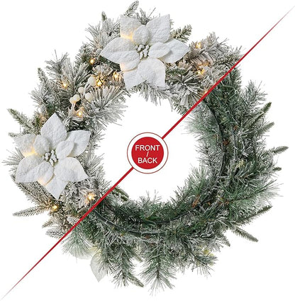Glitzhome 24" D Pre-Lit Snow Flocked Greenery Pine Poinsettia Christmas Wreath, with 50 Warm White Lights with Timer