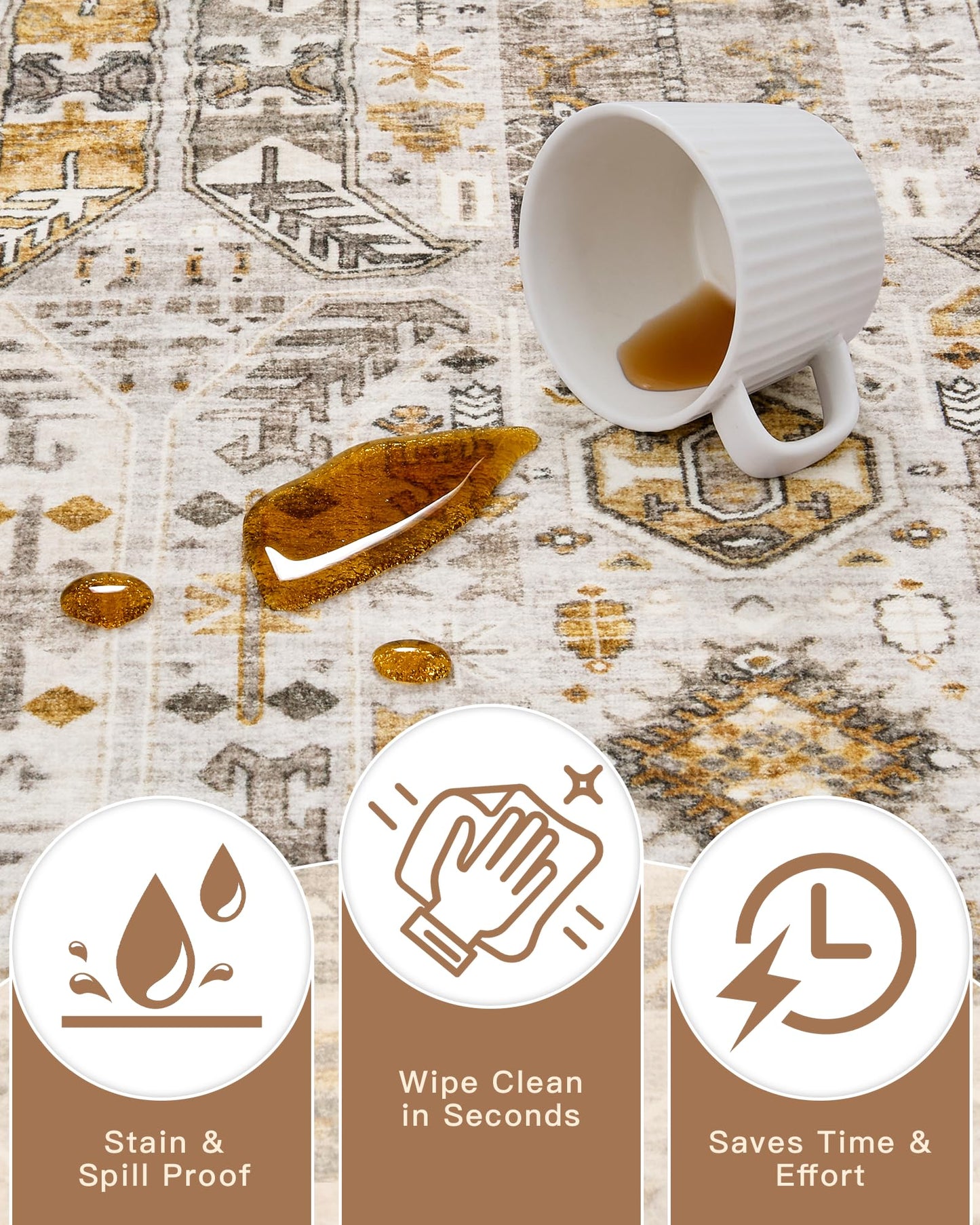 Madane Washable Runner Rug - 2x6 Rug Runners for Hallways 6 Feet Non Slip Vintage Kitchen Runner Rug Ultra-Thin Bathroom Runner Rugs Carpet Laundry Room Bedroom (2x6ft, Brown/Gold)