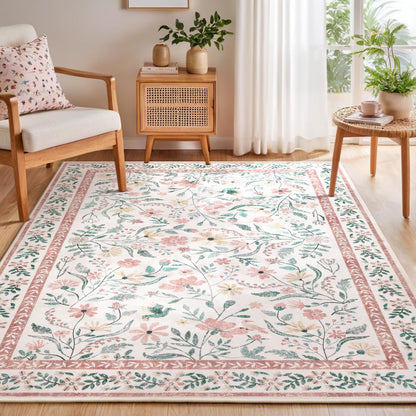 SHACOS Pink Floral Area Rugs 5x7 Nursery Rug, Machine Washable Boho Rugs for Bedroom, Non Slip Soft Floral Low-Pile Carpet for Living Room Kids Room Dining Room Entryway Indoor