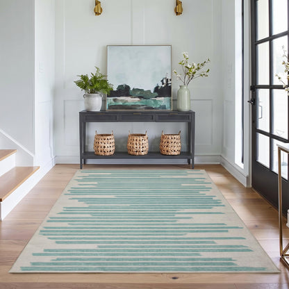 GarveeHome 5x7 Green Rug Washable Striped Carpet for Living Room Bedroom Modern Non Slip Low Pile Small Aea Rugs with Green Lines Geometric Stain Resistant Simple Office Rugs, Turquoise