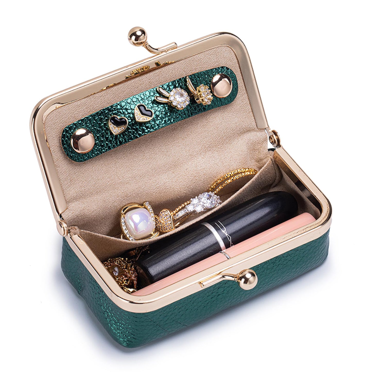 Nsciyise Genuine Leather Travel Jewelry Box, Mini Jewelry Organizer Case with Mirror for Women, Small Lipstick Bag for Purse, Cute Portable Gift for Her women giril (Green, Lridescent)
