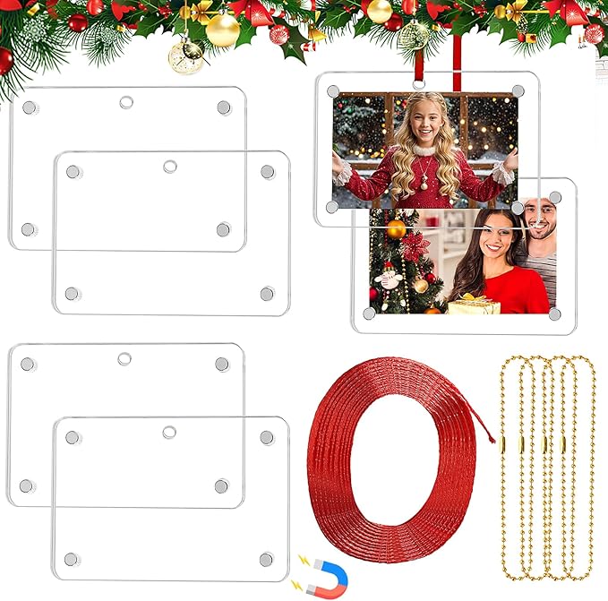 Christmas Photo Ornament Set of 4, 3x2 Inch Clear Acrylic Hanging Picture Frame for Family Photo, Christmas Tree, Holiday Decoration, Multifunctional Magnetic Picture Frames for Car and Fridge Decor
