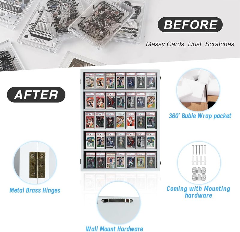 Wooden Sports Card Display Case - Lockable Plexiglass Frame with UV Protection | Holds 35 Graded Football, Baseball & Basketball Cards - White