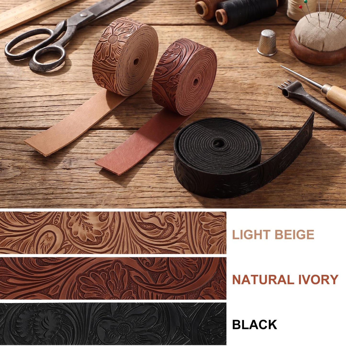 Eccliy 1 Inch 3 Pack Embossed Faux Leather Strips for Crafts 2 mm Thickness 78.7 Inches Long Leather Straps Vintage Western Bump Texture for DIY Belt Tooling Earrings Bows Projects (Earthy)