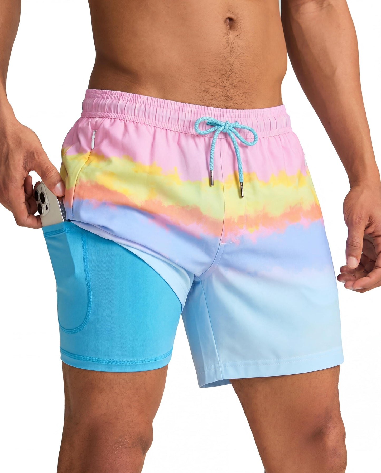 maamgic Mens Swim Trunks with Compression Liner 5 Inch, Quick Dry Bathing Suit with Zipper Pockets, Stretch No-Chafing Swim Shorts, Sunset by the Sea XX-Large