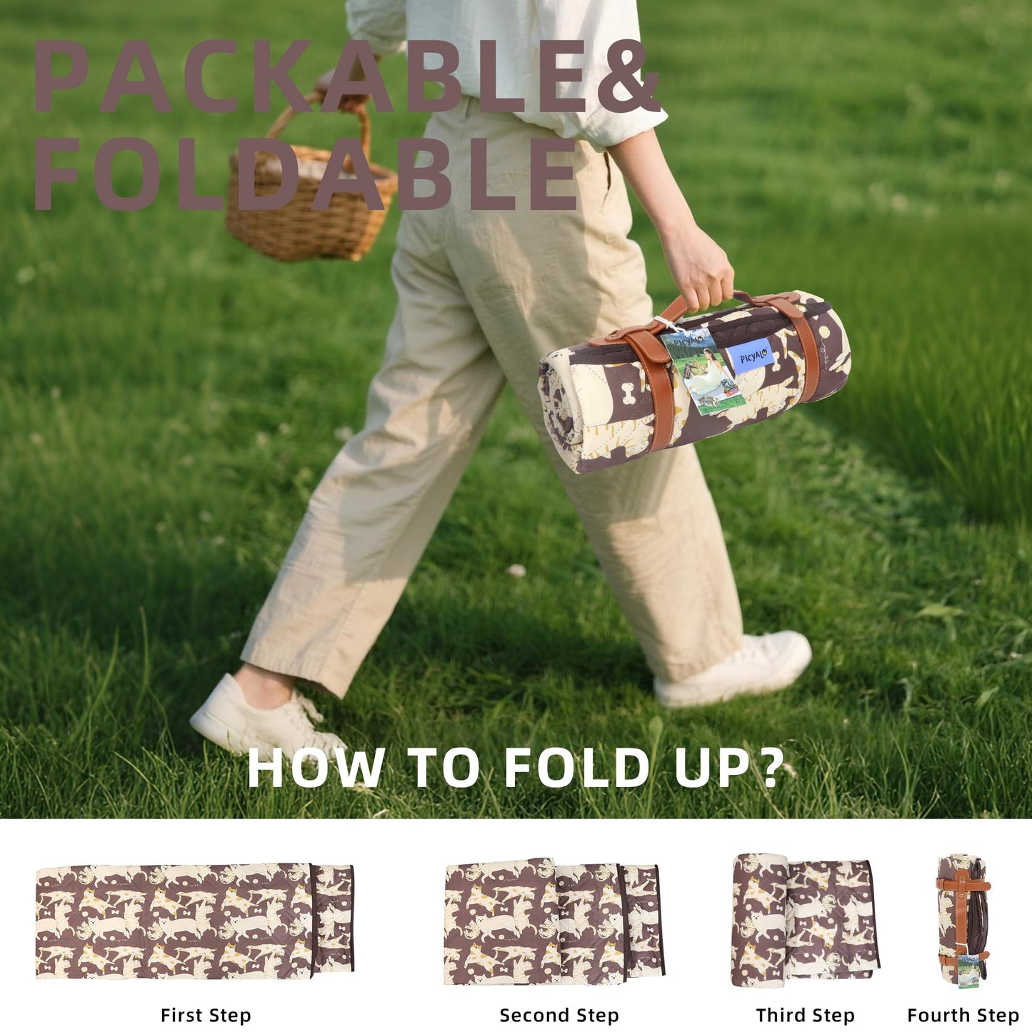 PICYALO Double Thickened Picnic Blanket, 80x80 Inches, White Fish Pattern, Cotton Filled, Portable Foldable with Leather Carry Strap, Beach and Camping