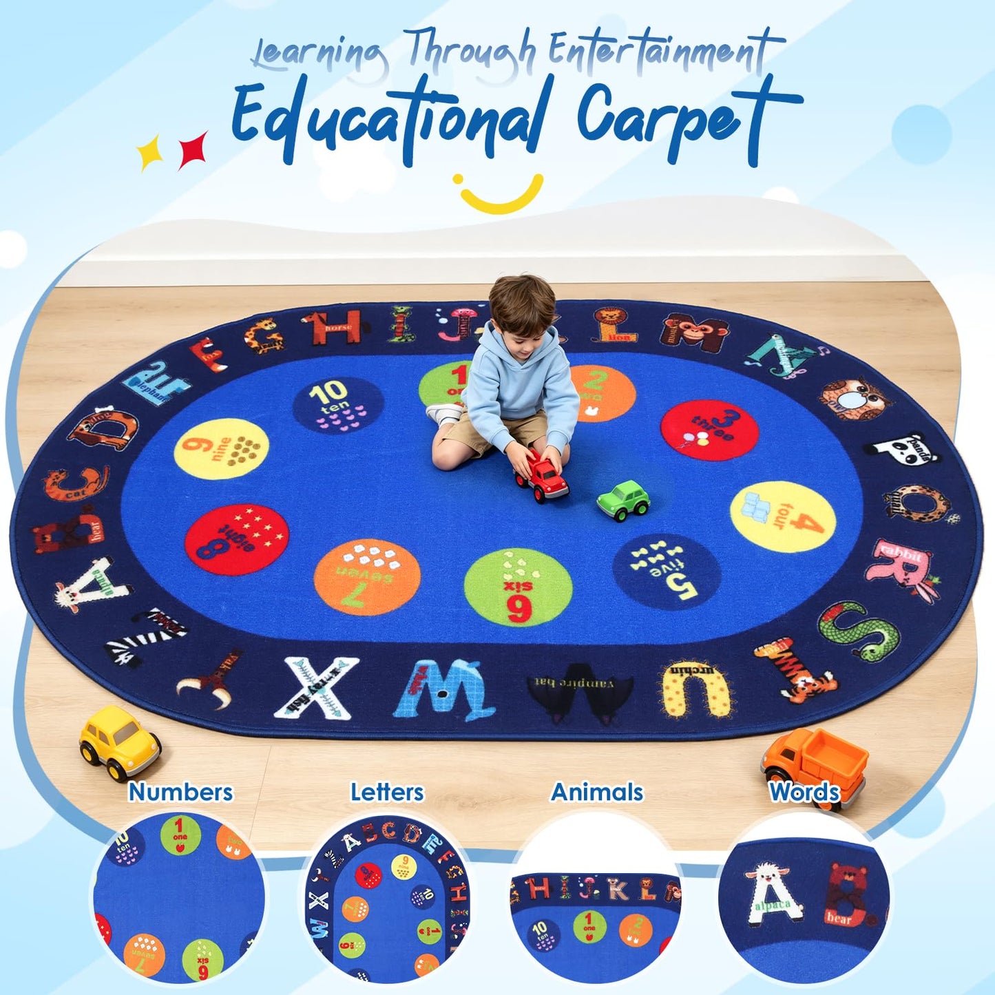 lotoo Classroom ABC Rug, Kids Rugs for Playroom, Preschool Educational Carpet for Learning Alphabet Animals Words Numbers, Kids Daycare Nursery Play Mat for Toddlers Children Bedroom Playroom
