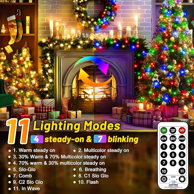 KNONEW Christmas Lights Outdoor 300 LED 99FT Clear Wire Color Changing String Lights with 11 Modes & Timer Dimmable Fairy Light for Xmas Tree Roof Yard Wedding Decorations(Warm White to Multicolor)