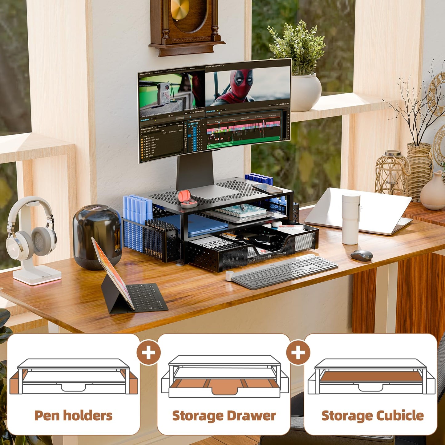 Simple Trending Desk Organizer and Accessories, 2 Tier Computer Metal Monitor Stand Riser with Drawer and Pen Holder for Laptop, Computer, iMac, Black