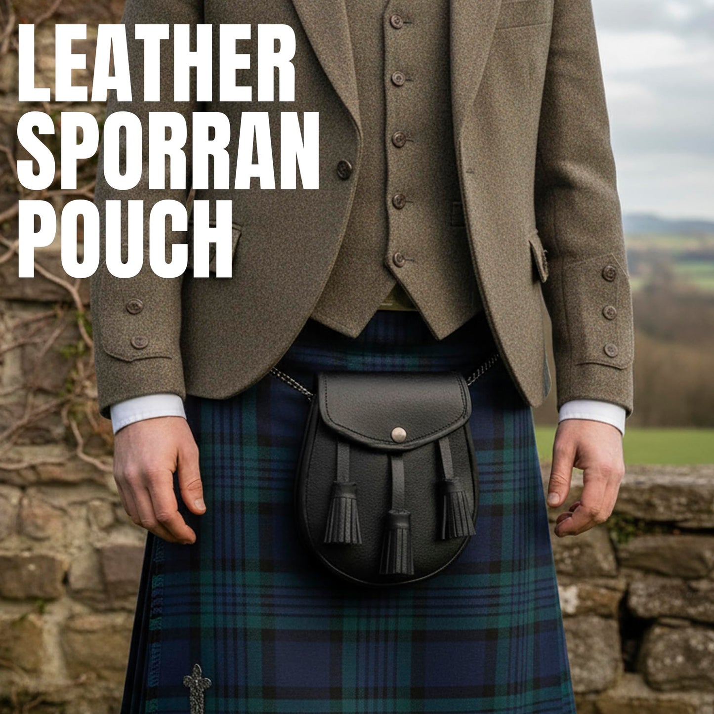 SZCO Medieval Sporran 8 Inch - Black Plain Celtic Style Leather Pouch with Tassels - Scottish Kilt Sporran with Chain Belt for Men - Medieval Bag for Costume & Renaissance Accessories