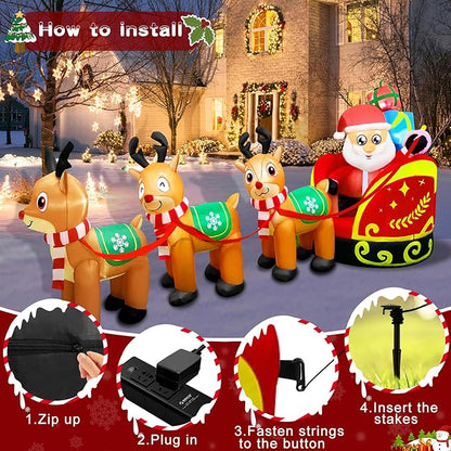 Giant Inflatable Outdoor Decoration Santa Claus on Sleigh with 3 Reindeer, Built-in LED Light, Christmas Decorations for Lawn Party Holiday