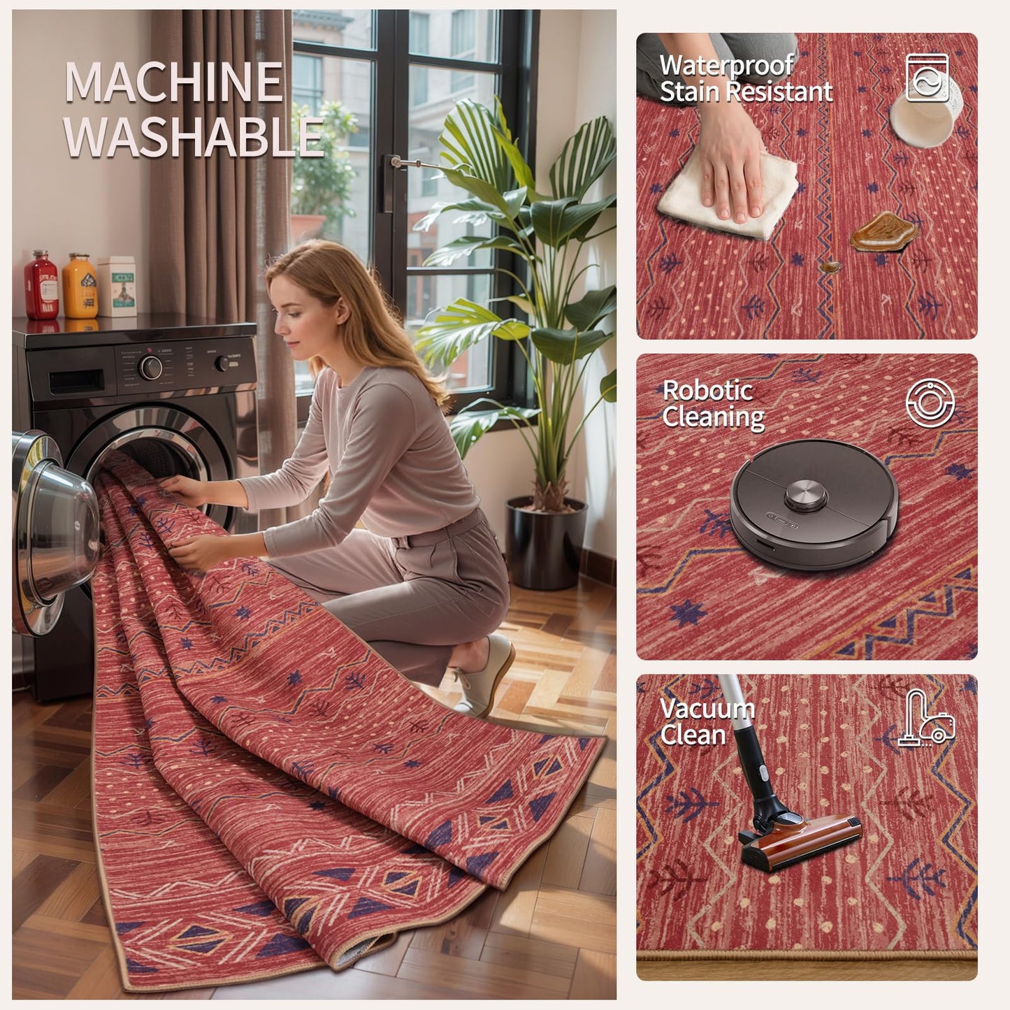SERISSA Hallway Runner Rug, 2x10 Washable Non-Slip Red Ochre Runners for Hallways, Soft Low-Pile Boho Geometric Indoor Long Carpet for Kitchen Entryway Laundry Bedroom Bathroom