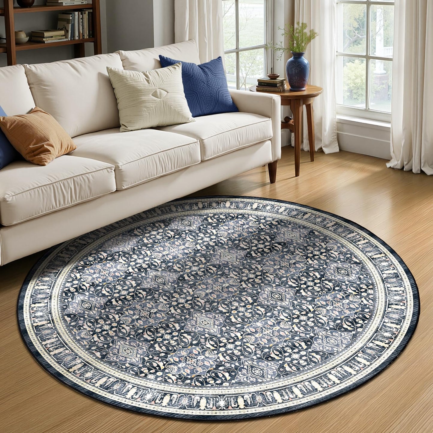 Jainmy Dark Blue Round Rugs 6ft for Living Room, Washable Non Slip Low Pile 6 Feet Circle Rug for Dining Room Kitchen, Boho Moroccan Floral Trellis 6x6 Round Carpet for Bedroom Home Office