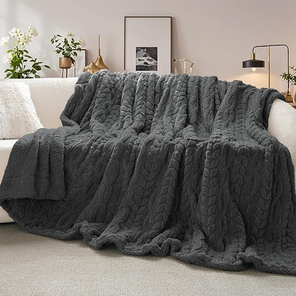 PHF Fluffy Sherpa Throw Blanket for Winter, Warm and Soft, 510GSM 3D Jacquard Thick Shaggy Fleece Plush Blanket for Couch, Dark Grey, 50"x60"
