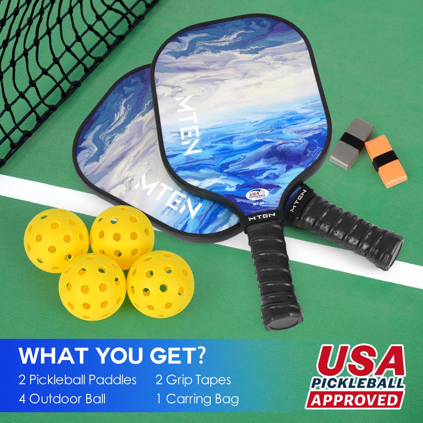 MTEN Pickleball Paddles, Pickleball Paddles Set of 2, USAPA Approved, 2 Paddles with 4 Outdoor Balls, 2 Grip Tapes, 1 Portable Carry Bag, Pickle Ball Set for Beginner