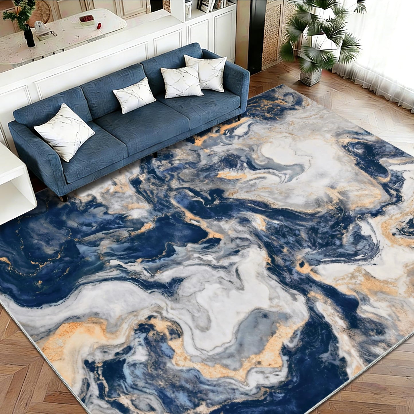 Yinhua Marble Area Rug 6x9, Modern Washable Rug Non Slip, Soft Faux Wool Abstract Rugs Non Shedding, Low Pile Living Room Rugs Pet Friendly, Blue and Gold Carpet for Bedroom Nursery Office