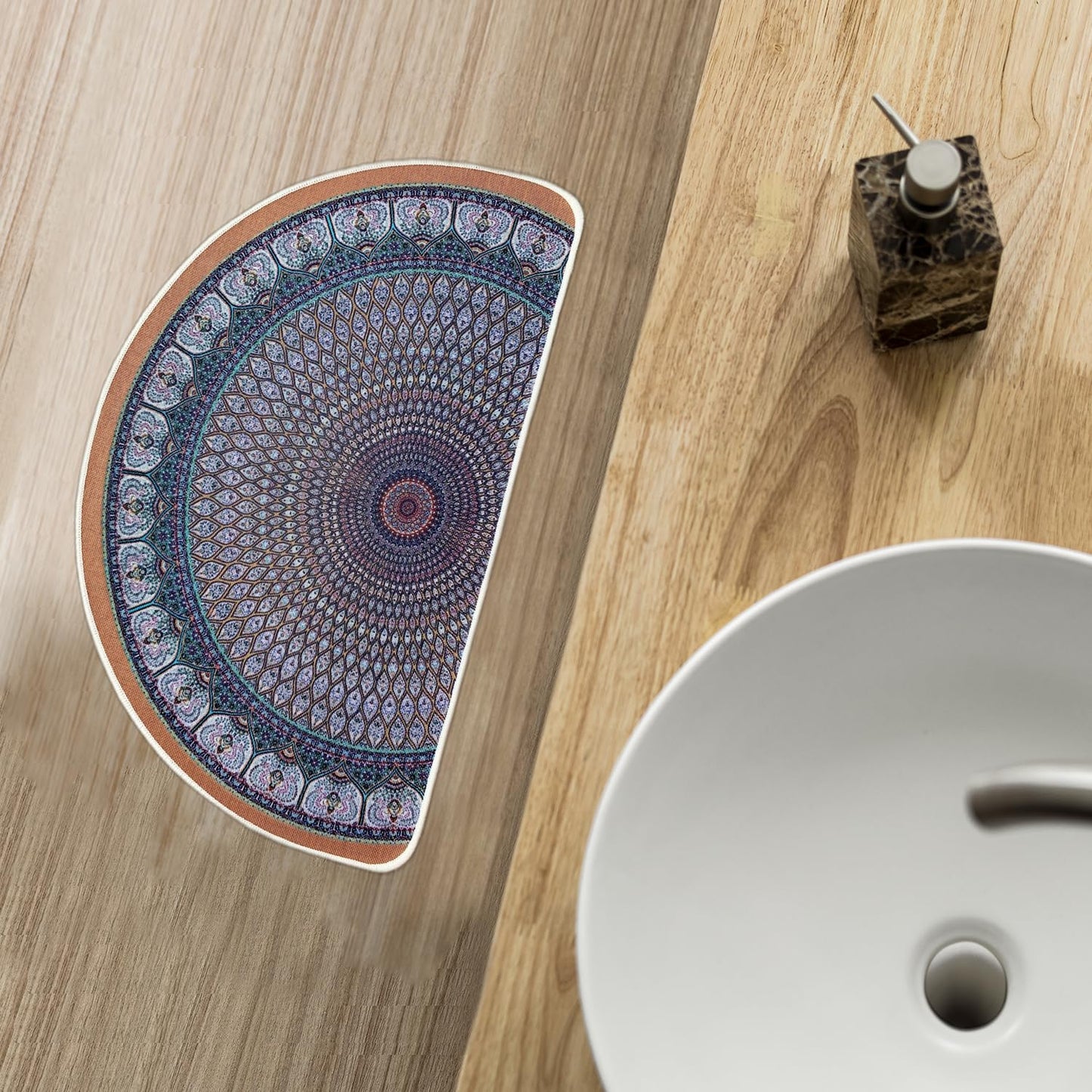 Semi Round Boho Sun and Moon Bathmat Fun Bath Mat Non Slip Washable Bathroom Decor Half Circle Bohemian Home Floor Doormat Semicircle Indoor Rug (Boho Lotus, No Fluff)