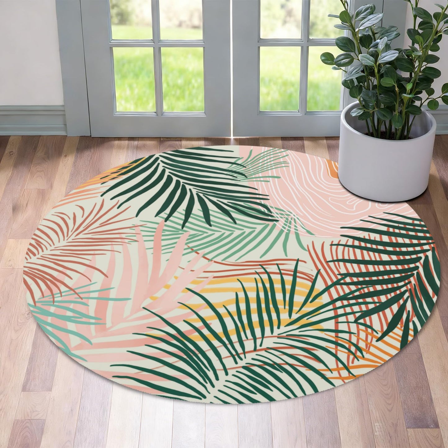 Wualmondor Modern Art Leaves Round Rugs 4ft Abstract Palm Leaf Circle Area Rug Low Pile Washable Carpet Non Slip Rubber Backing Rug Doormat for Living Room Bedroom Entryway Pink Green