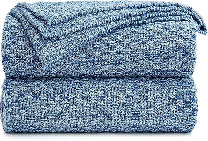 Longhui bedding Blue Knitted Throw Blanket for Couch, Soft, Cozy Machine Washable 100% Cotton Sofa Knit Blankets, 60 x 80 Inches Oversized, Blue and White Color, Laundry Bag Included