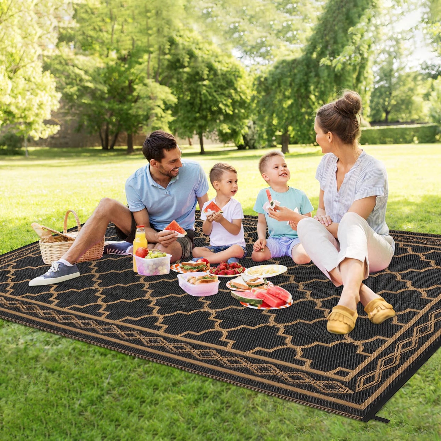 GlowSol Outdoor Rug Waterproof 8x10 ft Reversible Outdoor Plastic Straw Patio Rugs,Foldable Camping Rug with Carry Bag, RV Mat Outside Rugs for Patio,Picnic,Balcony,Deck,Backyard,Pool, Black/Brown