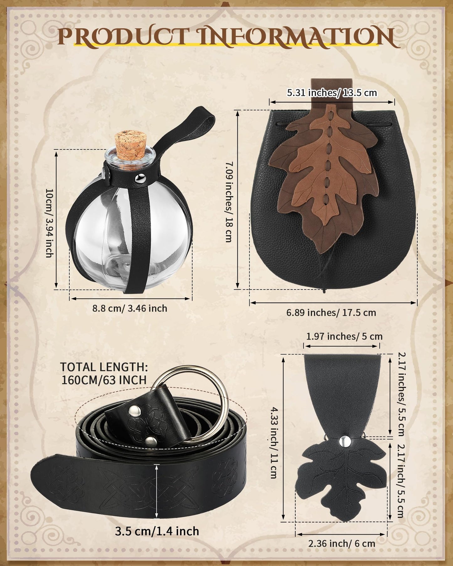 Twistover 6 Pcs Women Renaissance Accessories Leaf Belt Bag Medieval Viking Belt Potion Bottles Leather Skirt Hikes(Black, Black,Classic)