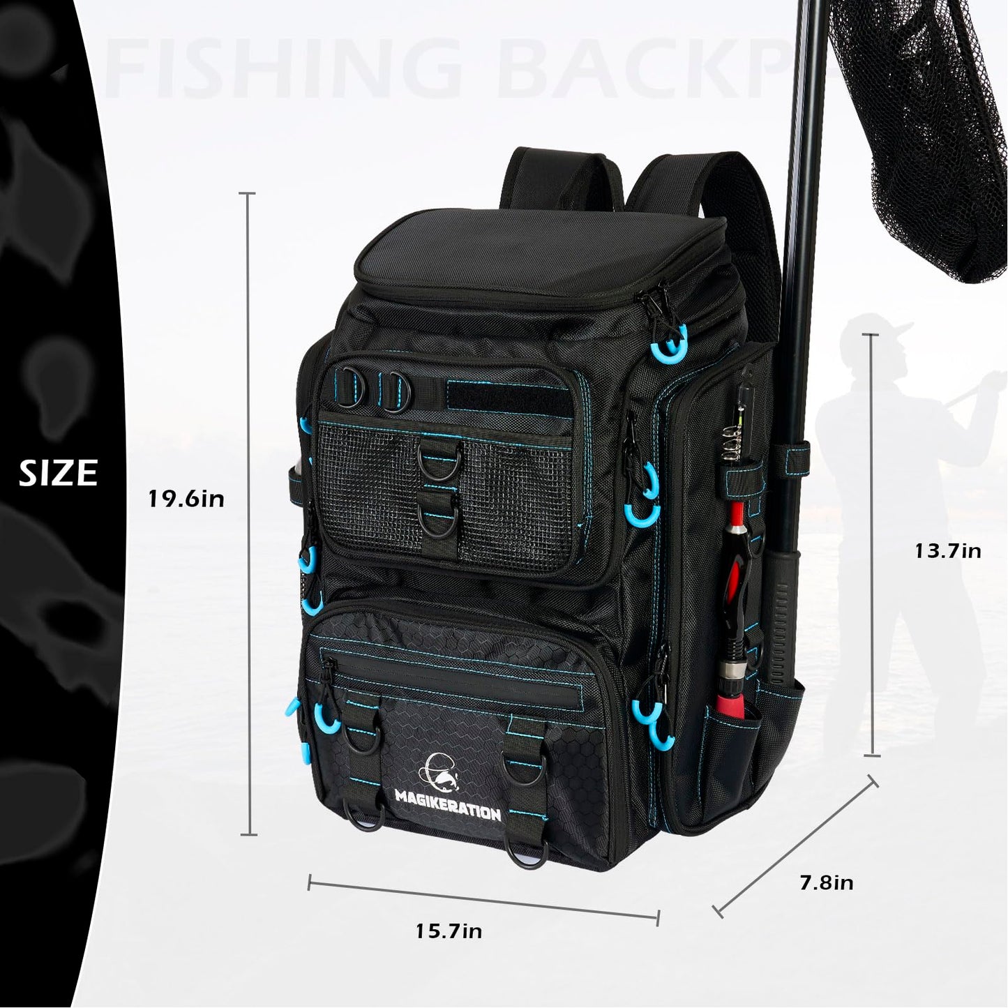 Magikeration Fishing Backpack with Rod Holders,900D Oxford Water-Resistant Fishing Gear,42L Large Storage Tackle Bag for Men