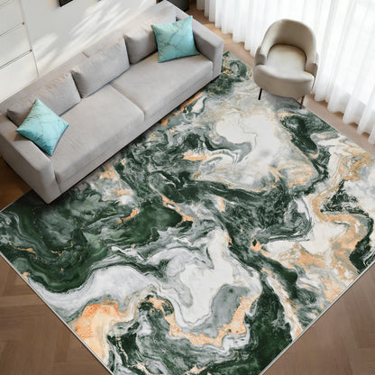 Yinhua Marble Rug 5x7, Abstract Area Rugs Non Slip, Green and Gold Modern Rugs Low Pile, Soft Faux Wool Washable Rug Stain Resistant, Contemporary Carpet for Bedroom Dining Room Office
