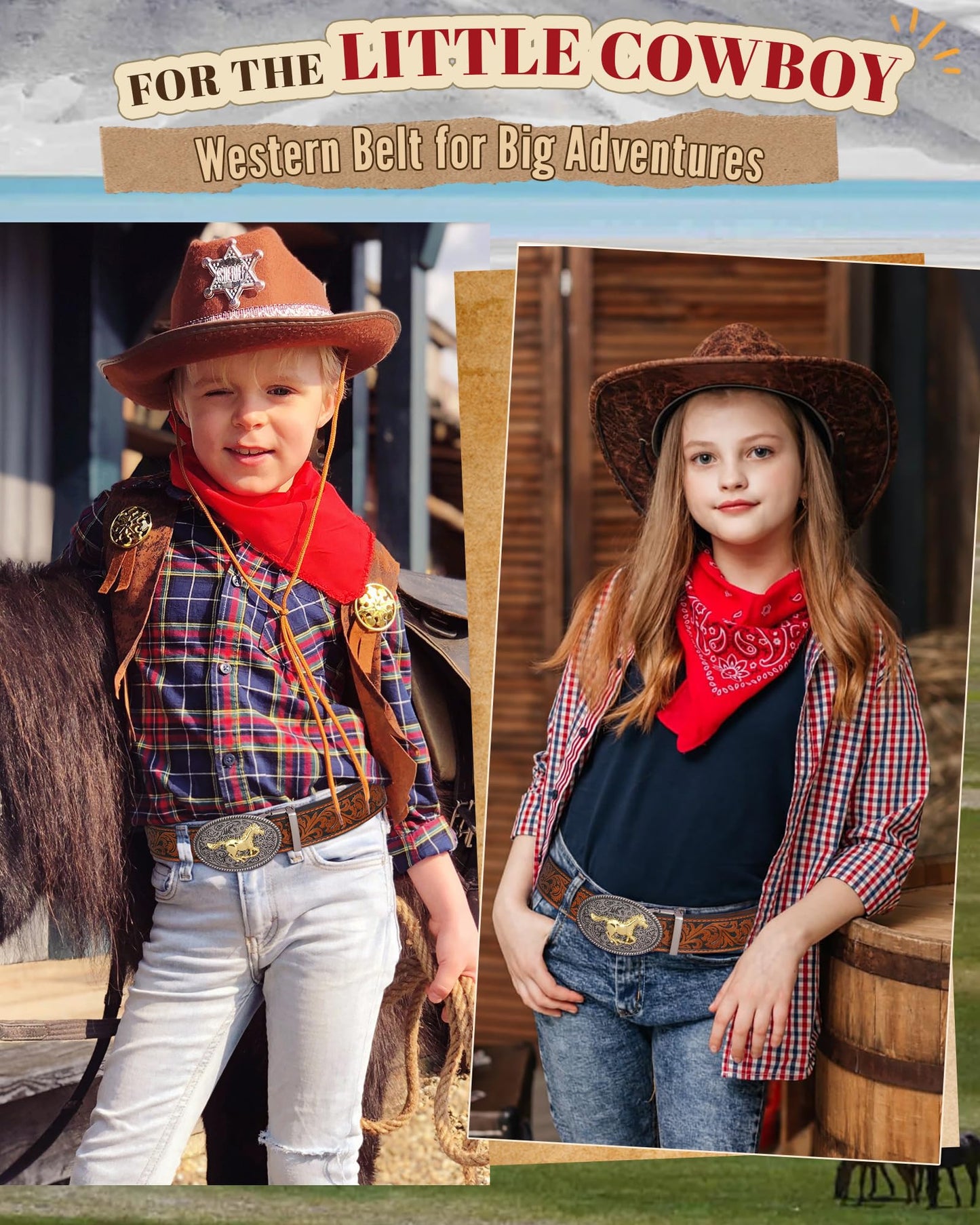 AWAYTR Kids Ratchet Western Belt - PU Leather Cowboy Belt Adjustable Toddler to Big Kid Sizes for Jeans (Gunmetal Gold Horse-Brown, Fit Waist: 26.5"-30")