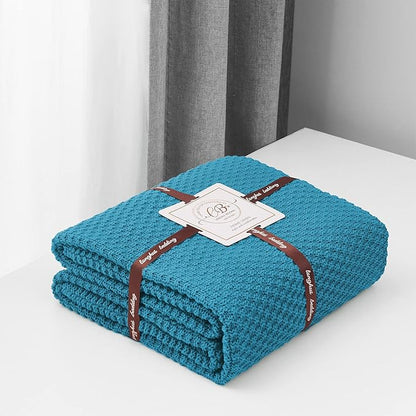 Longhui bedding Teal Knitted Throw Blanket for Couch, Soft, Cozy Machine Washable 100% Cotton Sofa Knit Blankets, Heavy 3.0lb Weight, 51 x 63 Inches, Teal Color.