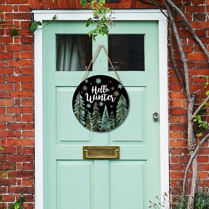 Hello Winter Welcome Sign for Front Door Winter Wreaths Winter Pine Trees Wood Door Hanger for Outdoor Outside Porch Christmas Snowflakes Round Hanging Sign for Home Porch Wall Decoration 12in
