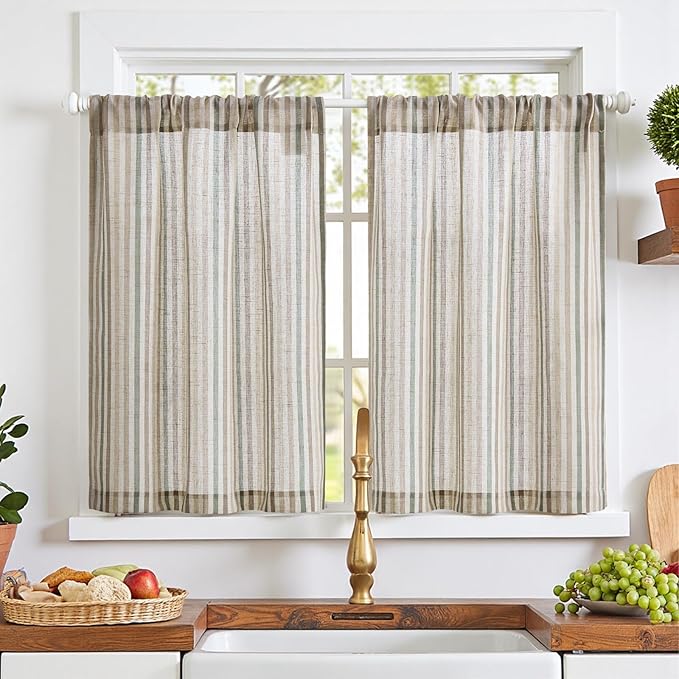 jinchan Colorful Striped Linen Kitchen Curtains 36 Inch Christmas Tier Curtains Farmhouse Modern Cafe Small Window Treatments Light Filtering Rod Pocket for Living Room Bathroom 2 Panels Multi Green
