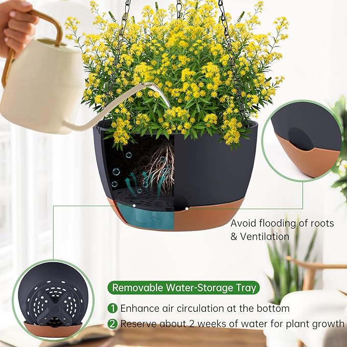 Set of 2 10 Inch Self Watering Hanging Planters for Indoor Outdoor Plants, Color Blocking Hanging Baskets Flower Pots with Drainage Hole & Removable Water-Storage Tray and 20" Chain Hanger