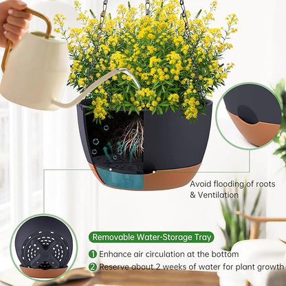 Set of 2 10 Inch Self Watering Hanging Planters for Indoor Outdoor Plants, Color Blocking Hanging Baskets Flower Pots with Drainage Hole & Removable Water-Storage Tray and 20" Chain Hanger