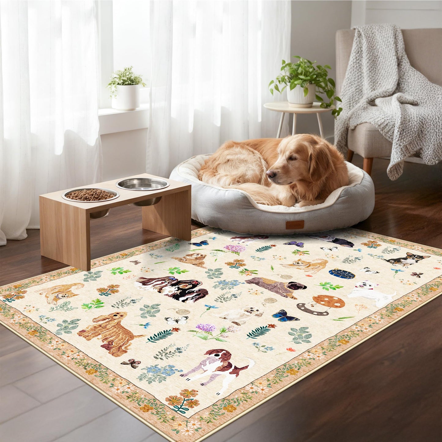 Washable Floral Animal 3x4 Rug: Non-Slip Low Pile Entryway Area Rugs Dog Printed Carpet Stain Resistant Kitchen Runners Soft Beside Floor Mat for Bedroom Kids Room Home Office Laundry(3x4,Beige/Dog