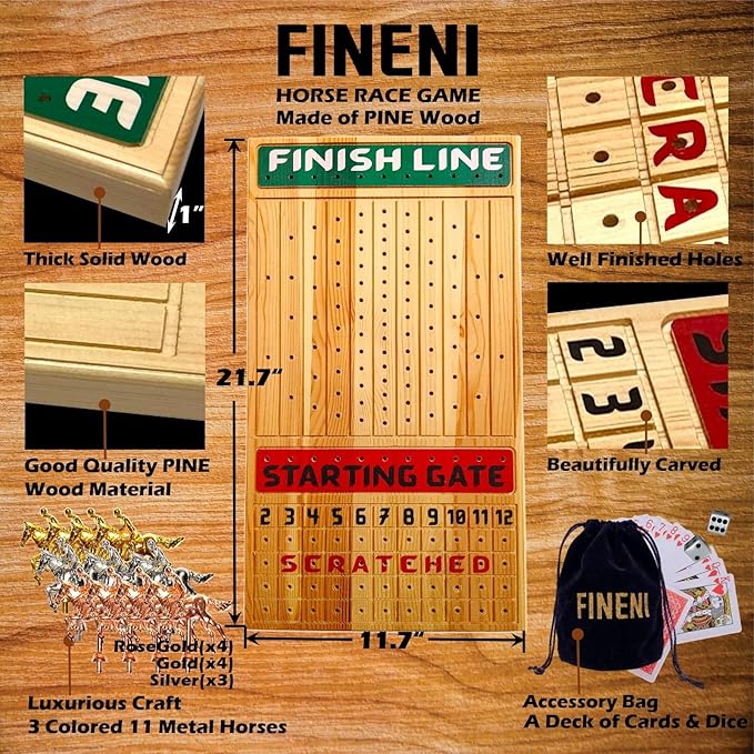 Horse Racing Game for Adults With 11 Luxurious Metal Horses (Silver Black Rose Gold) 22 Pine Wood Race Game Board Dice &amp Card Included (Log Color3)