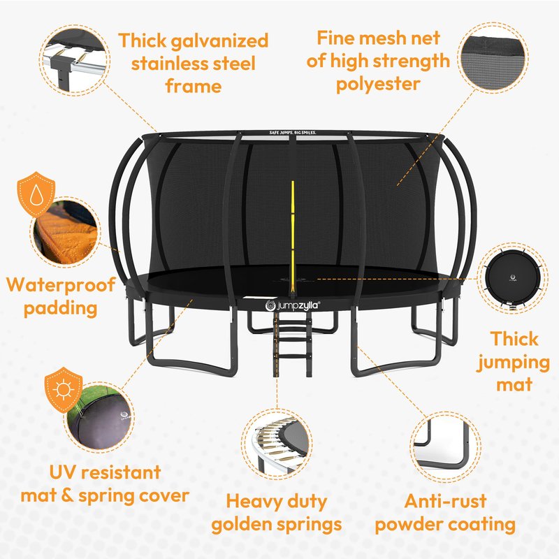 JUMPZYLLA Trampoline Outdoor 8FT 10FT 12FT 14FT 15FT 16FT with Enclosure and Ladder, ASTM Approved Recreational Trampoline for Kids and Adults, Anti-Rust Coated Frame
