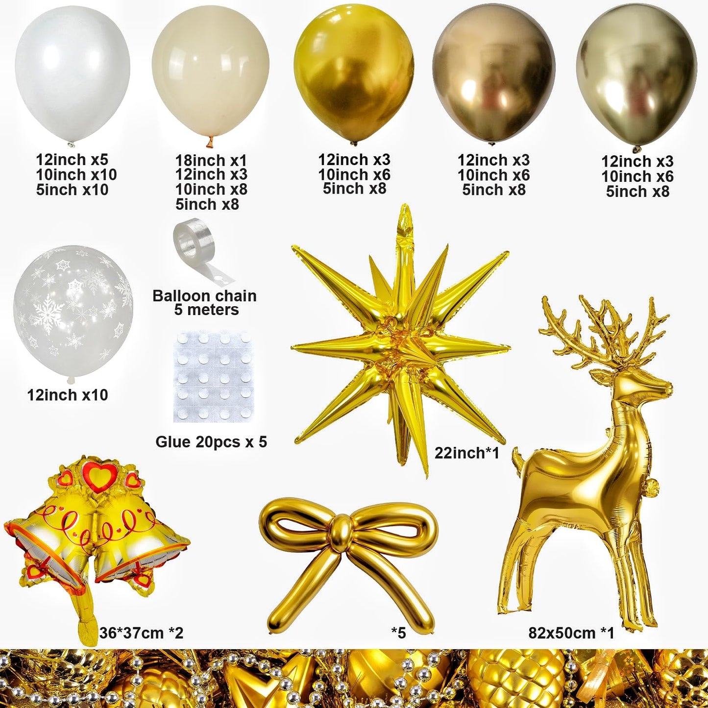 Christmas Party Decorations Xmas Balloon Arch Kit 121pcs White Gold Snowflakes Balloon with Metallic Light Gold Balloons Beige Gold Star Reindeer Deer Bell Foil Christmas Mylar Balloons for New Year