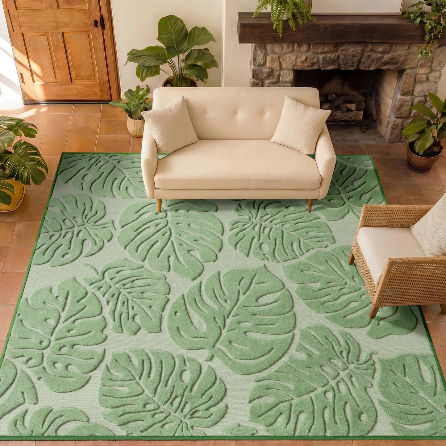 Sage Green Monstera Area Rug 5x7, High-Low Plush Pile Washable Rugs for Living Room Bedroom, Tropical Non Slip Nursery Carpet Soft Indoor Shag Rugs for Dining Room