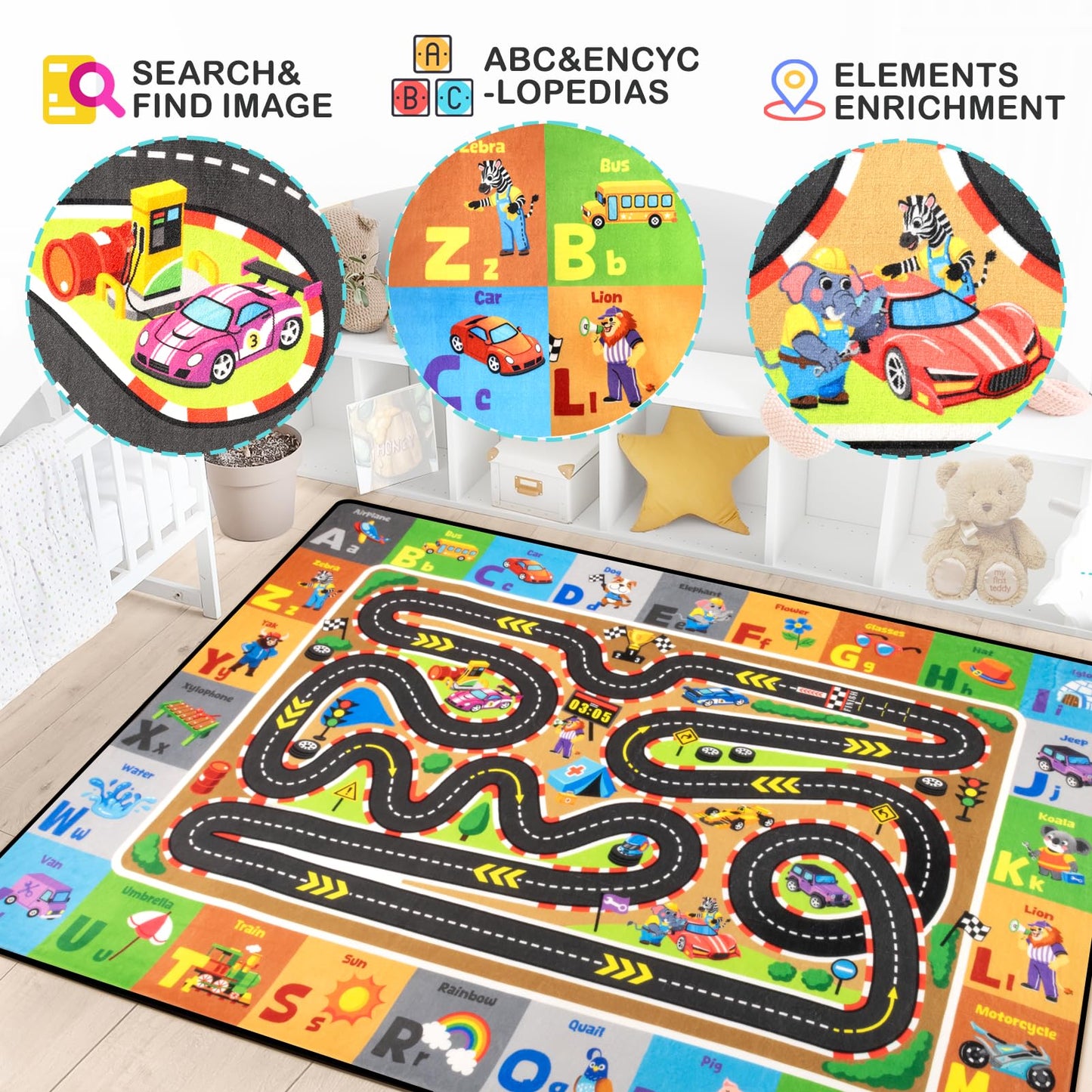 Diysani Race Track Rug, Car Road Rug for Kids, Non-Slip Kids Playroom Carpet, Washable Educational Carpt for Learning Alphabet, Animals, 6x9 feet