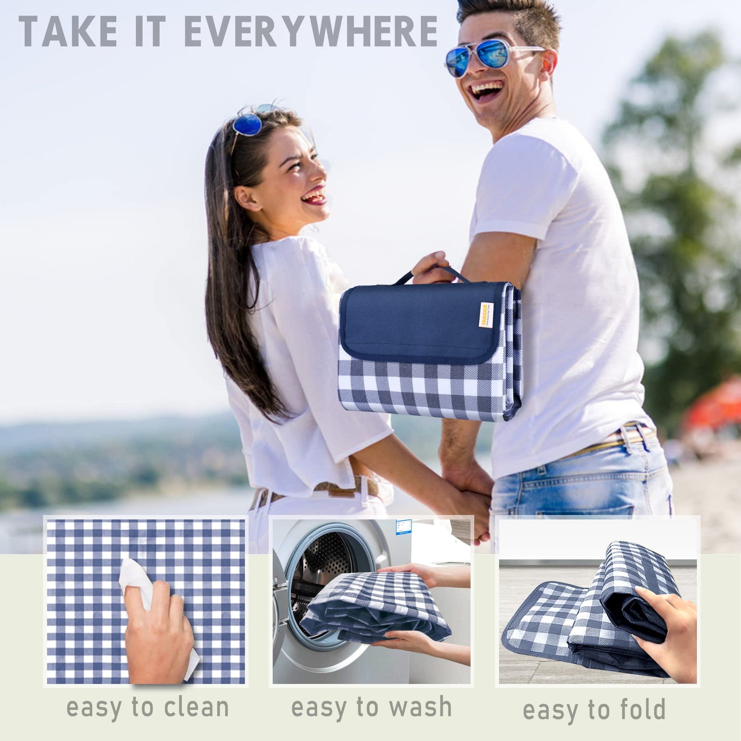 SAMSIER Outdoor Picnic Blankets Waterproof Foldable Sandproof, Large Gingham Cute Picnic Mat Washable Portable for Park Beach Camping Courtyard (Navy Blue, 60"×80")