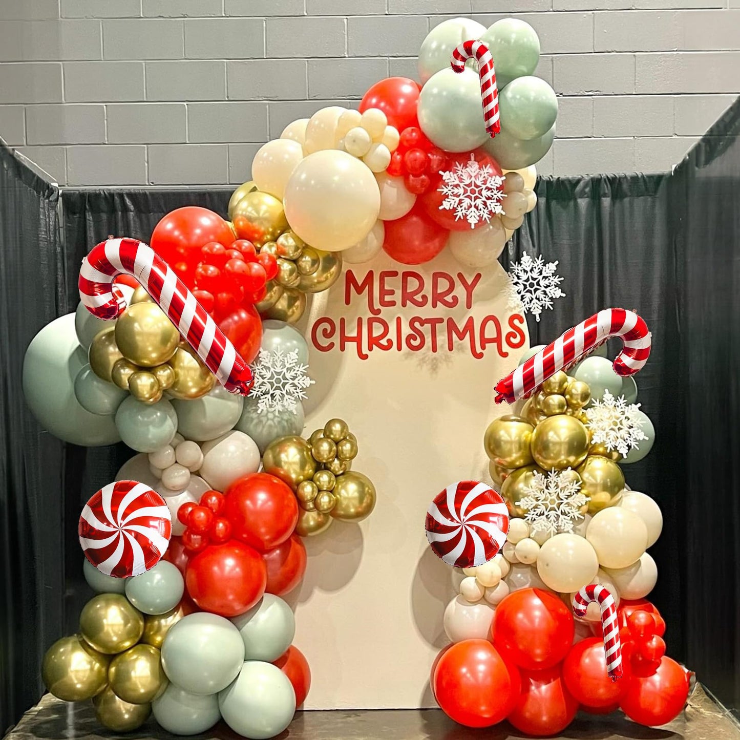Christmas Balloons Arch Red Green White Gold Balloons Garland with Candy Cane Crutch Foil Balloon Xmas Birthday Party Decorations Lollipop Balloon Metallic Beige Latex Helium New Year Decor Supplies