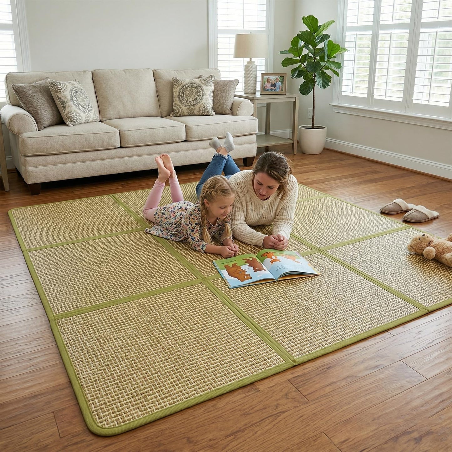 71'' x 71'' Large Japanese Tatami Mat, 0.47'' Thickness Foldable Thickness Rattan Japanese Floor Mats with Storage Bag, Non-Slip Breathable Memory Foam Area Rug Living Room Bedroom Yoga (Green)