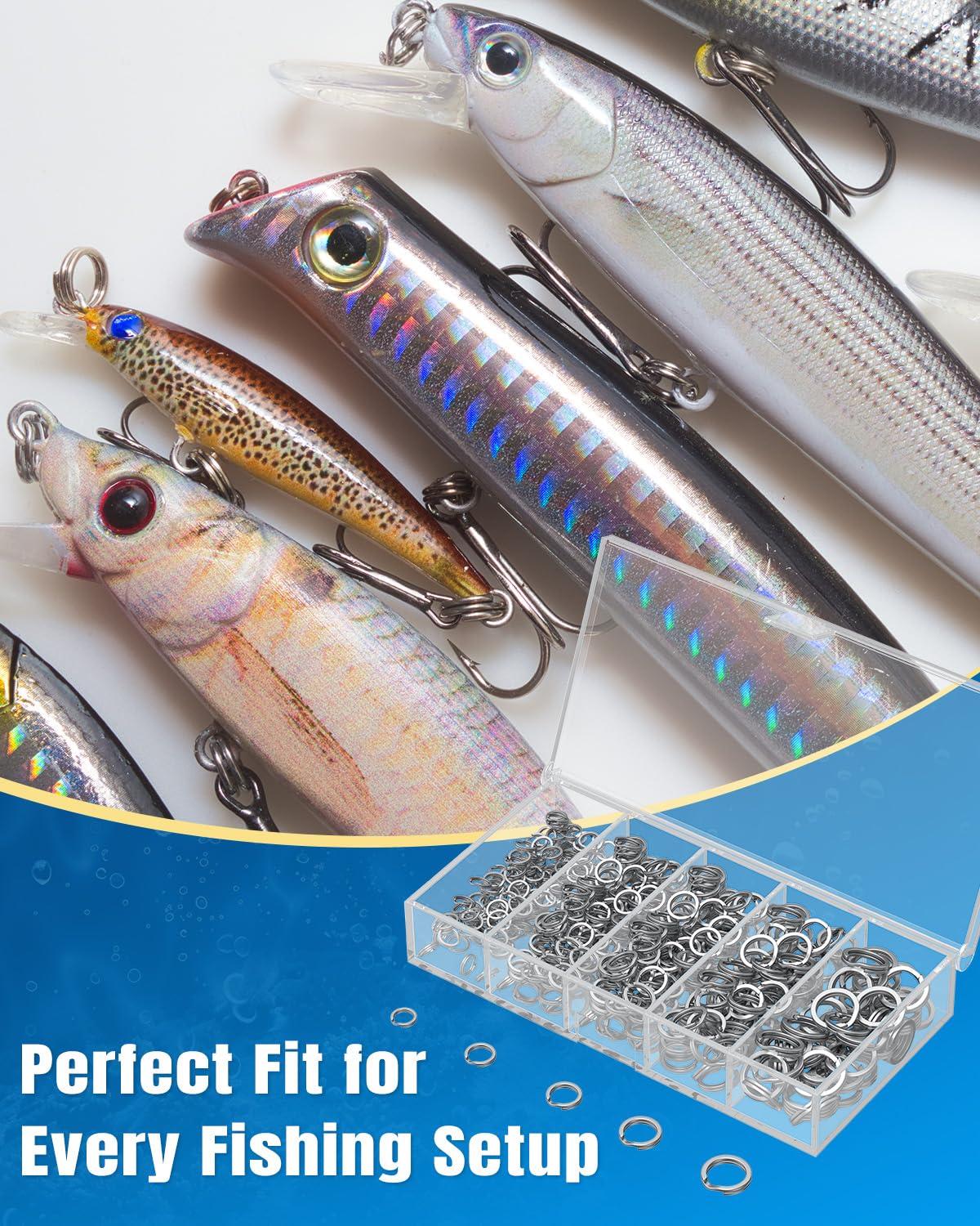 Pawfly 250 Pcs Split Rings and Split Ring Pliers for Fishing, 5 Sizes Fishing Split Rings & Fishing Pliers Kit, Stainless Steel Split Rings for Saltwater & Freshwater, Fishing Lure Connectors