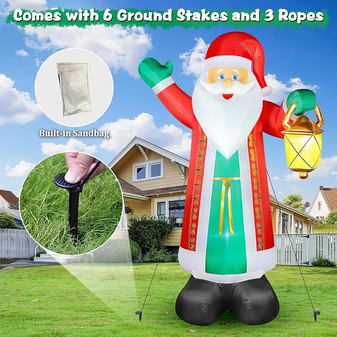 FunFanso 10 FT Christmas Inflatable Santa Claus with Lantern & Green Gloves, Xmas Blow up Outdoor Decorations, Built-in LED Lights for Yard Garden Lawn Patio Indoor Winter Holiday Home Party Decor